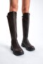 Women's Daily Stretch Elastic Below Knee Oval Toe Thick Sole Zippered Boots Beja Brown - 4