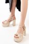 Women's Bow Strap (12cm) Platform Heeled Shoes Cream - 3