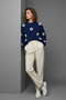 Women's Wool Cobalt Blue Crew Neck 3D Daisy Embossed Soft Textured Oversized Trend Knitwear Sweater - 3