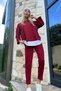 Burgundy Crew Neck Color-Embellished Blouse and Double-Pocket Ribbed Stitched Trousers Two-Piece Set Alc-X8175 - 2
