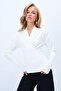 White Double-Breasted Cut V-Neck Waist-Corseted Sandy Blouse Alc-X14372 - 3