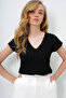 Black Front and Back V-Neck Openwork Summer Knitwear Blouse Alc-X14147 - 3