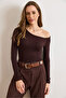 Women's Brown Asymmetrical Neckline Very Soft Textured Stretchy Bodysuit Bdy-00000067 - 6