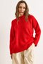 Women's Red Crew Neck Thick Wick Detail Oversized Knitwear Sweater Kzk-19001088