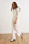 Women's Ecru Bottom Pocket Pants Top Mock Neck Blouse Fleece-Lined Set Tkm-19000254 - 5
