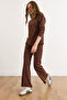 Women's Bitter Brown Bottom Pocket Pants Top Mock Neck Blouse Fleece-Lined Set Tkm-19000254