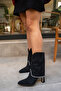 Samira Black Suede Women's Stone Detailed Heeled Boots - 3