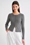 6931 Women's Buttoned Corded Fabric Knitwear Cardigan Gray - 5