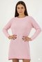 Women's Light Pink Crew Neck Long Tunic Dress Thick Knit Italian Sleeve Y Slit Knitwear Sweater