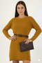 Women's Dark Yellow Mustard Crew Neck Long Tunic Dress Thick Knit Italian Sleeve Y Slit Knitwear Sweater - 4