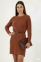Women's Brick Brown Crew Neck Long Tunic Dress Thick Knit Italiansleeve Y Slit Knitwear Sweater - 4