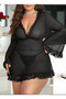 Plus Size Stretch Fabric Lace Detail 2-Piece Nightdress and Thong Set Black & Red