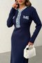 Women's navy blue buttoned knit dress with jean detail - 3