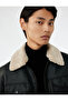 Slim Fit Plush Collar Faux Leather Jacket with Long Sleeves and Flap Pocket Detail - 3