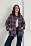 Women's Navy Blue Velvet Collar Detailed Plaid Snap Button Quilted Lined Oversized Coat - 4