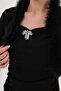 Stylish Black Brooched Strap Midi Dress & Black Bolero Jacket with Feathered Collar and Cuffs Two-Piece Set - 5