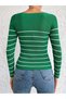 Women's Green-White Striped Heart Neck Corded Fabric Knitwear Sweater - 5