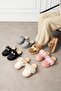 Lufina Black Bow Fur Collar Silent Sole House Slippers with Saddle Detail - 5