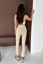 Zippered Legs Corded Fabric Tights Cream - 7