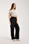 Linen Fabric High Waist Striped Elastic and String Lace-Up Waist Detailed Trousers - 3