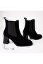Black Suede Genuine Leather Women's Square Toe Thick Heeled Boots with Elastic on Two Sides
