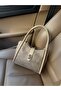 Women's Suede Taupe Lock Detail Three-Compartment Hand and Shoulder Bag with Removable Makeup Bag Lemina