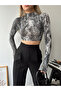 Women's Snake Pattern Backless Lace-Up Detailed Mock Neck Long Sleeve Viscose Blouse - 4