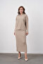 Women's Polo Neck Half-Button Placket Knit Detail Sweater Skirt Two-Piece Knit Set - 4