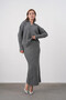 Women's Polo Neck Half-Button Placket Knit Detail Sweater Skirt Two-Piece Knit Set - 6