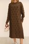 Women's Brown Round Neck Patterned Pocketed Vintage Loose Cotton Knit Midi Dress - 6