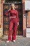 Women's Cozy Knitwear Fringed Crop Ruched Detail Claret Red - 4