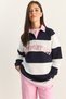Women's Navy Blue White Polo Collar Embroidered Striped Sweatshirt 8658 60283852