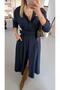 Navy Blue Bell Dress with Button Detail at the Waist - 2