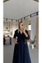 Navy Blue Bell Dress with Button Detail at the Waist - 3