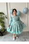 Girl's Turquoise Puffy Bow Detailed Long Sleeve Velvet Dress + Buckle