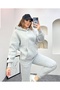 Gray Melange Hooded Kangaroo Pockets Oversized Elastic Legs Fleece Inside Women's Tracksuit Set - 3