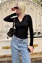 Black Polo Neck Corded Fabric Women's Bodysuit Mg2566 - 3