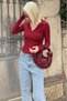 Burgundy Polo Neck Corded Fabric Women's Bodysuit Mg2566 - 4