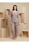 Ribbed Soft Cotton Women's Pajama Set with Bow Detail Long Sleeves - 2