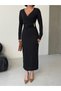 Double-Breasted Collar Long Sleeve Gathered Accessory Waistband Detail Back Slit Maxi Length Crepe Dress - 8