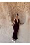 Degaje Draped Gold Accessory V-Neck Backless Side Ruched Side Slit Lined Long Dress - 5