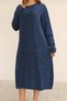 Women's Navy Blue Round Neck Patterned Pocketed Vintage Loose Cotton Knit Midi Dress - 5