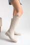 Beige Leather Women's Boots Riding Below the Knee Zippered Non-Slip Sole Thick Heeled Horsey - 7