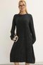 Women's Black Round Neck Patterned Pocketed Vintage Loose Cotton Knit Midi Dress - 6