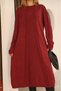Women's Burgundy Round Neck Patterned Pocketed Vintage Loose Cotton Knit Midi Dress - 7