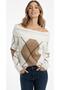 Women's Brown Beige Madonna Collar (Argyle) Argyle Pattern Open Shoulder Knitwear Sweater - 4