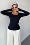 Navy Blue Square Neck Finger Detail Buzzy Fabric Slim Fit Body-Blouse - 2
