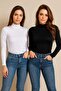 Women's Long Sleeve Turtleneck Badi Stretch Fabric Combed Cotton 2 Pieces Black - White - 2