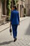 Blue Shawl Collar Fold-Up Leopard Lined Sleeve Single Button Jacket and Carrot Pants Suit - 5