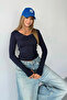 Navy Blue V-Neck Finger-Touch Detail Buzzy Fabric Slim Fit Body-Blouse - 5